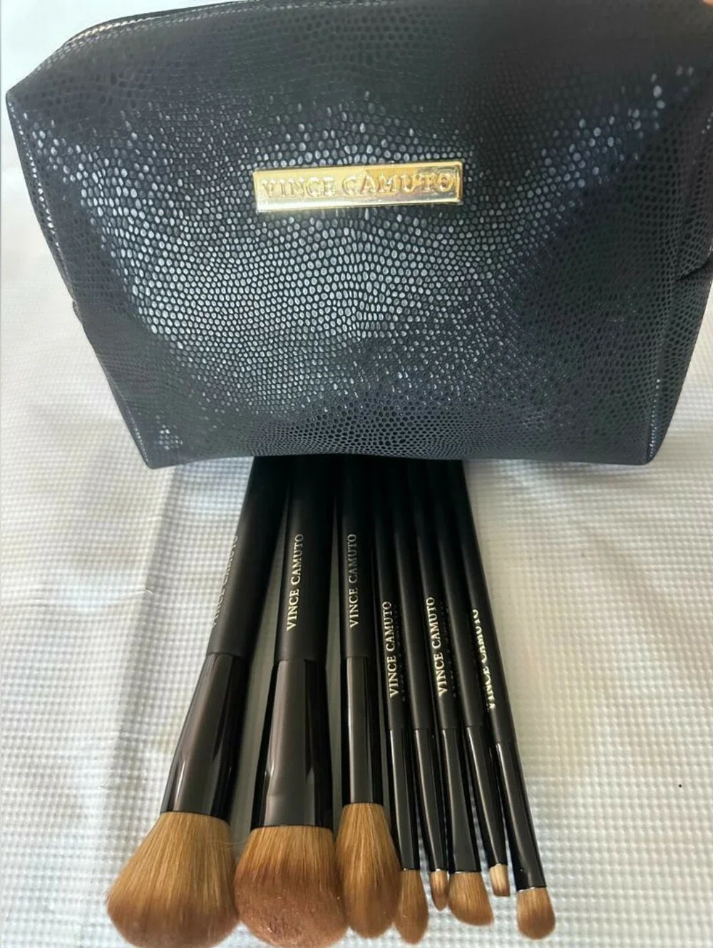 Vince Camuto Makeup Brush Set Featuring a Textured Black Cosmetic Bag